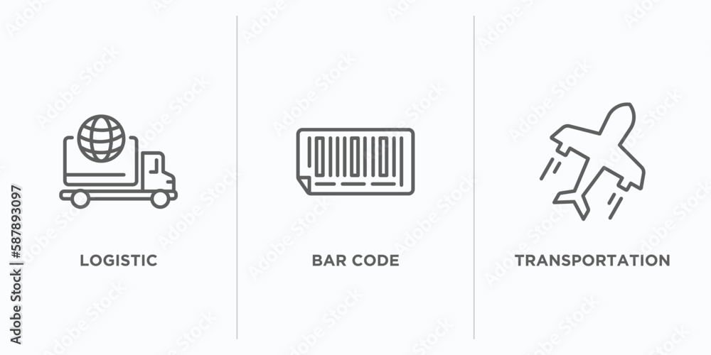 Poster delivery and logistic outline icons set. thin line icons such as logistic, bar code, transportation 