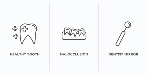 dentist outline icons set. thin line icons such as healthy tooth, malocclusion, dentist mirror vector. linear icon sheet can be used web and mobile