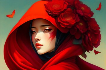 Ilustration Portrait of a Muslim Girl Women Wearing Hijab Maroon Red Scarf Flowery Head