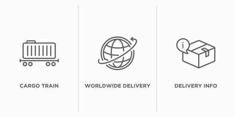 delivery and logistic outline icons set. thin line icons such as cargo train, worldwide delivery, delivery info vector. linear icon sheet can be used web and mobile