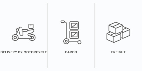 delivery and logistic outline icons set. thin line icons such as delivery by motorcycle, cargo, freight vector. linear icon sheet can be used web and mobile