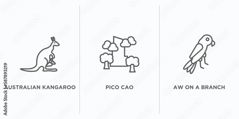 Poster culture outline icons set. thin line icons such as australian kangaroo, pico cao, aw on a branch vec