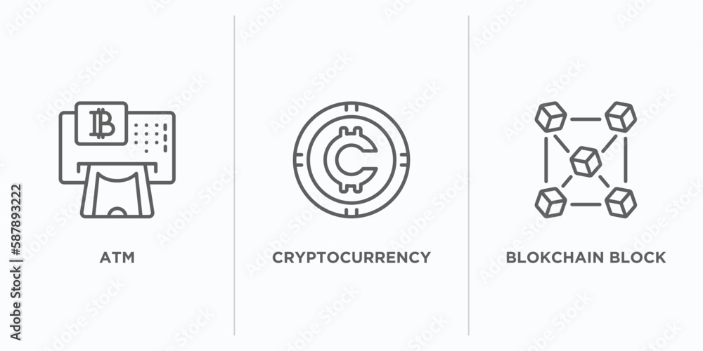 Poster cryptocurrency outline icons set. thin line icons such as atm, cryptocurrency, blokchain block vecto