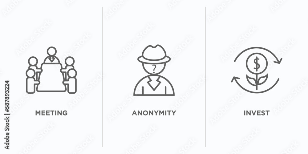 Poster blockchain outline icons set. thin line icons such as meeting, anonymity, invest vector. linear icon