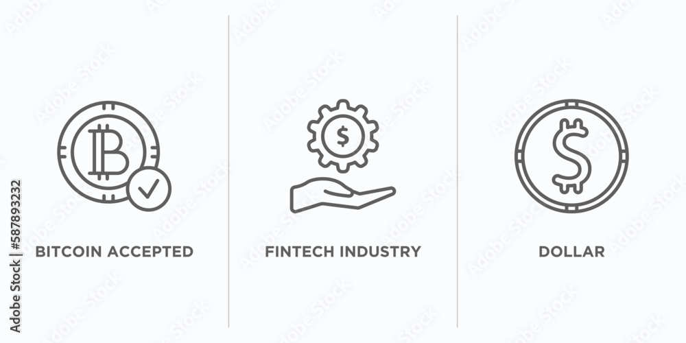 Aufkleber cryptocurrency outline icons set. thin line icons such as bitcoin accepted, fintech industry, dollar