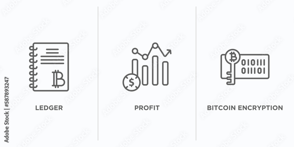 Poster cryptocurrency outline icons set. thin line icons such as ledger, profit, bitcoin encryption vector.