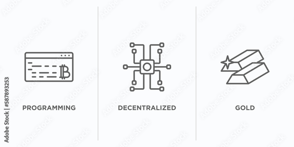 Poster cryptocurrency outline icons set. thin line icons such as programming, decentralized, gold vector. l