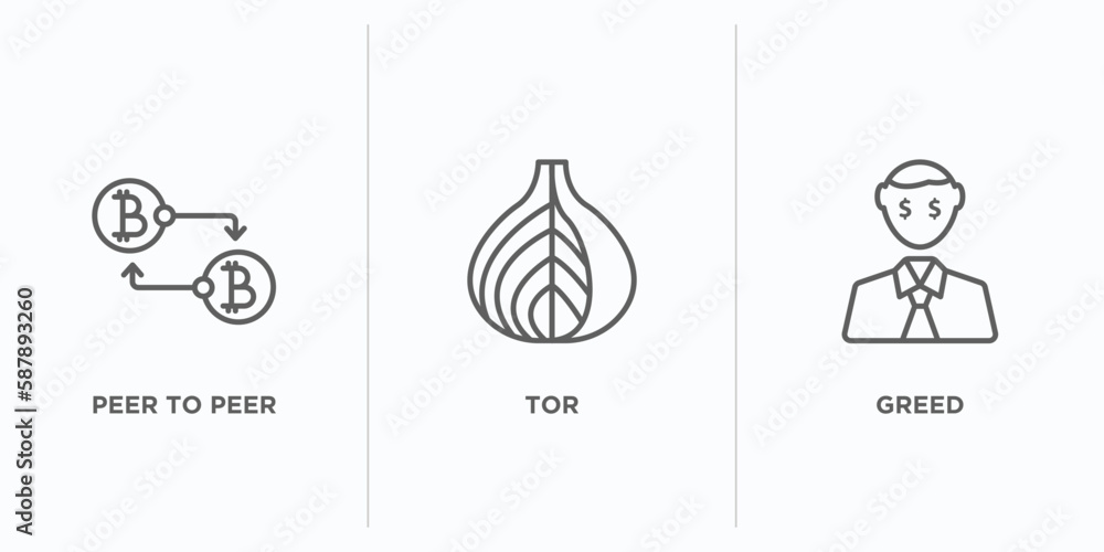 Poster cryptocurrency outline icons set. thin line icons such as peer to peer, tor, greed vector. linear ic
