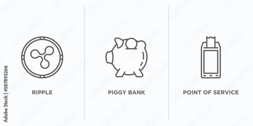 Poster cryptocurrency outline icons set. thin line icons such as ripple, piggy bank, point of service vecto