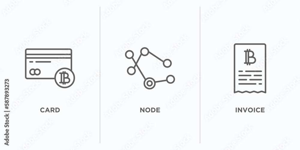 Poster cryptocurrency outline icons set. thin line icons such as card, node, invoice vector. linear icon sh