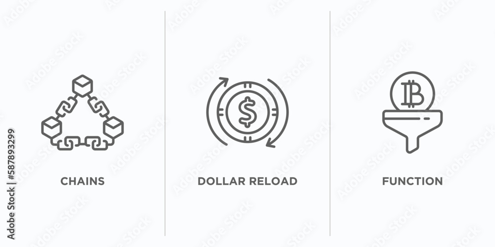 Poster cryptocurrency outline icons set. thin line icons such as chains, dollar reload, function vector. linear icon sheet can be used web and mobile