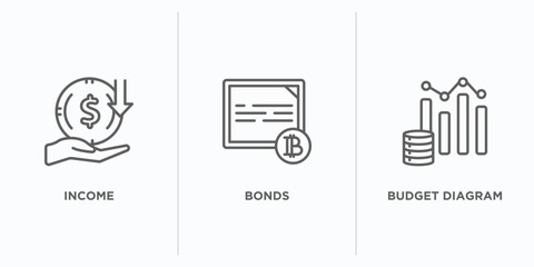 cryptocurrency outline icons set. thin line icons such as income, bonds, budget diagram vector. linear icon sheet can be used web and mobile