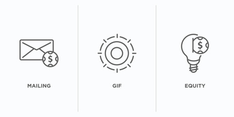 crowdfunding outline icons set. thin line icons such as mailing, gif, equity vector. linear icon sheet can be used web and mobile