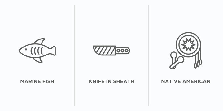culture outline icons set. thin line icons such as marine fish, knife in sheath, native american drum vector. linear icon sheet can be used web and mobile