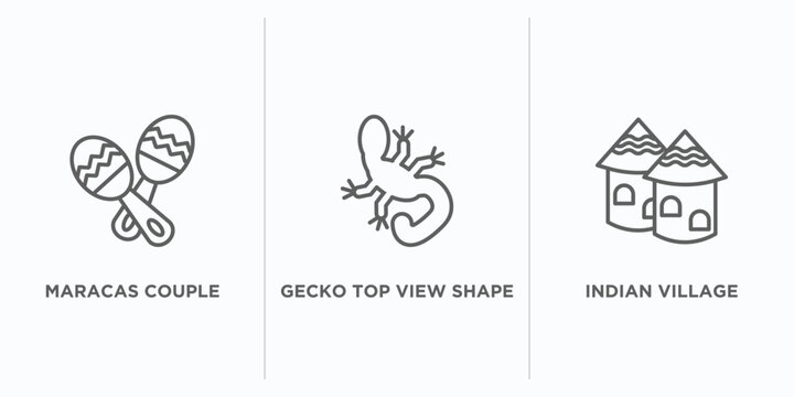 culture outline icons set. thin line icons such as maracas couple, gecko top view shape, indian village vector. linear icon sheet can be used web and mobile