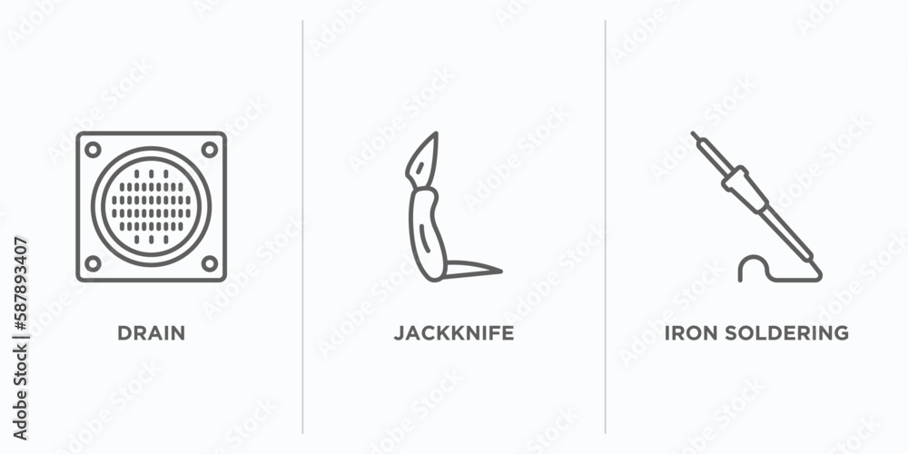 Poster construction and tools outline icons set. thin line icons such as drain, jackknife, iron soldering v