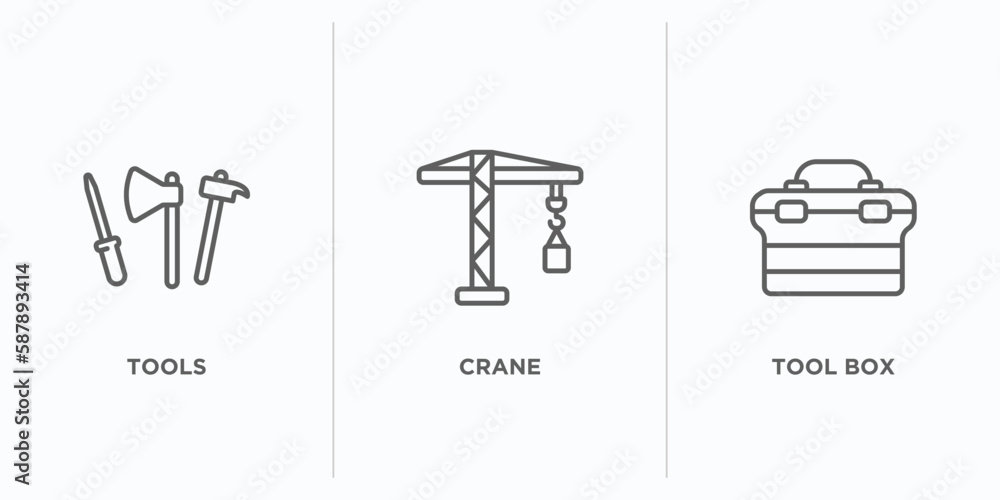 Poster construction outline icons set. thin line icons such as tools, crane, tool box vector. linear icon s