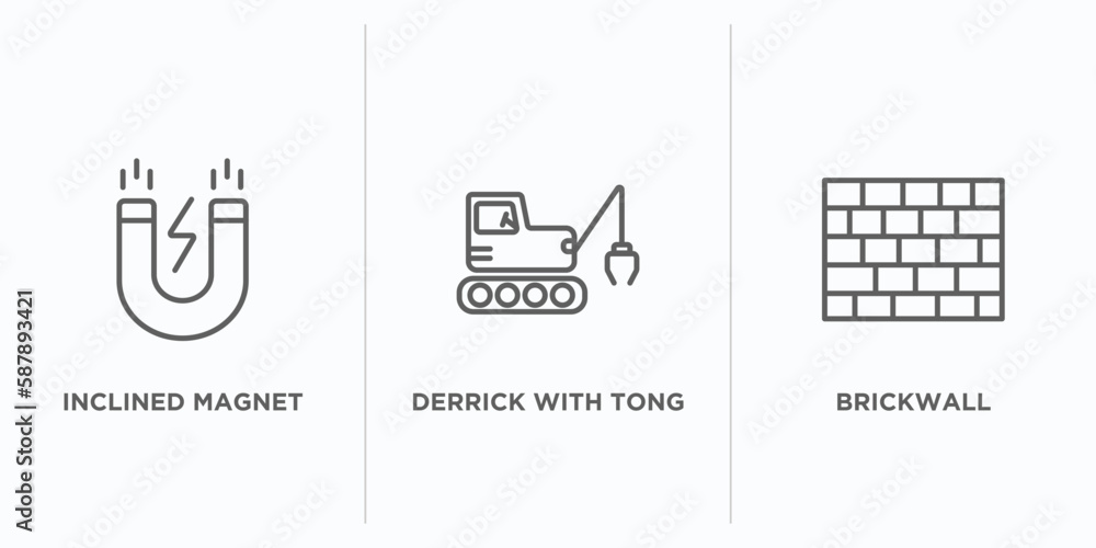 Poster construction outline icons set. thin line icons such as inclined magnet, derrick with tong, brickwal
