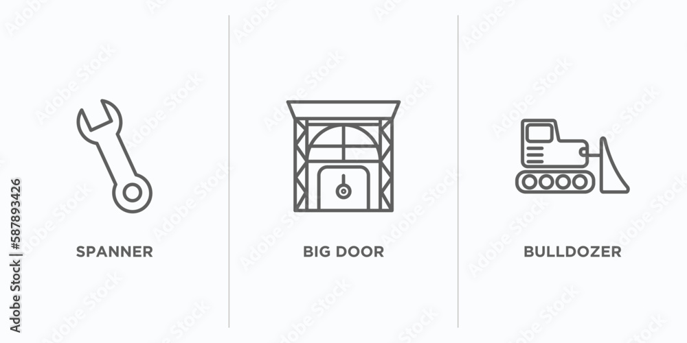 Poster construction outline icons set. thin line icons such as spanner, big door, bulldozer vector. linear 