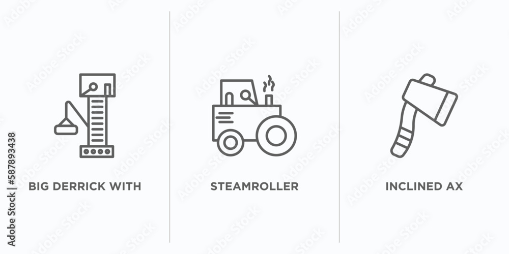 Poster construction outline icons set. thin line icons such as big derrick with boxes, steamroller, incline