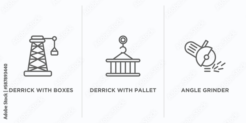 Poster construction outline icons set. thin line icons such as derrick with boxes, derrick with pallet, ang