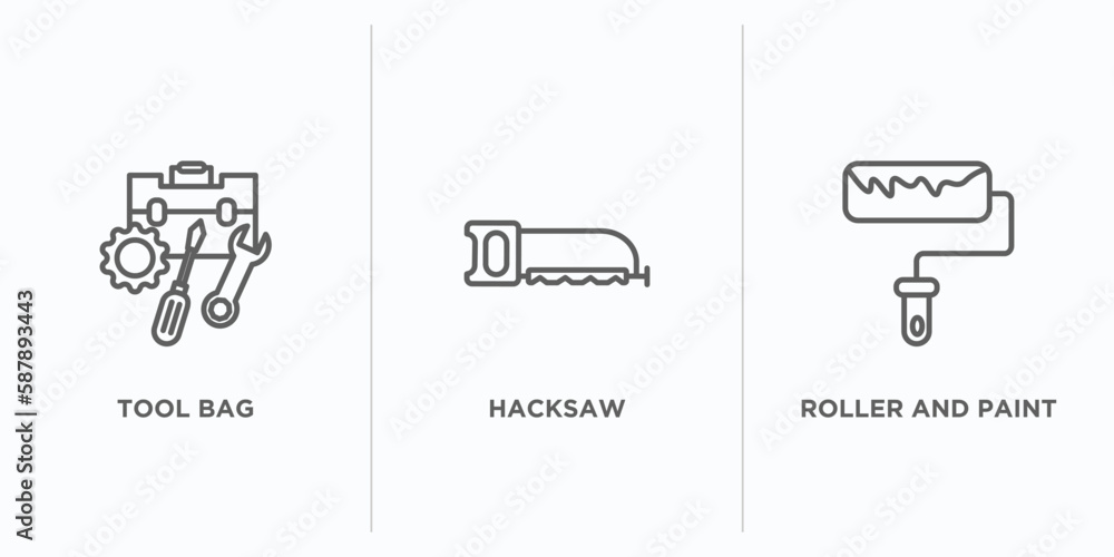 Poster construction outline icons set. thin line icons such as tool bag, hacksaw, roller and paint vector. 