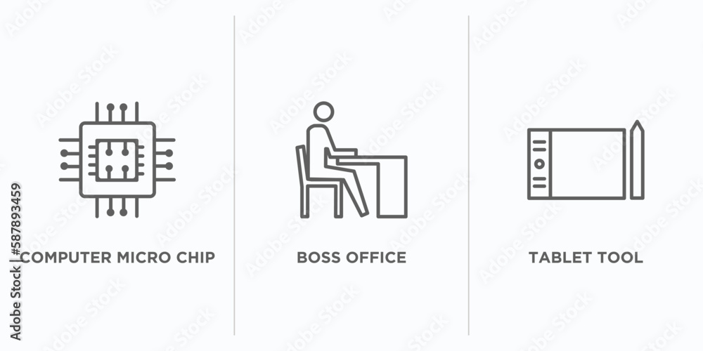 Poster computer outline icons set. thin line icons such as computer micro chip, boss office, tablet tool ve