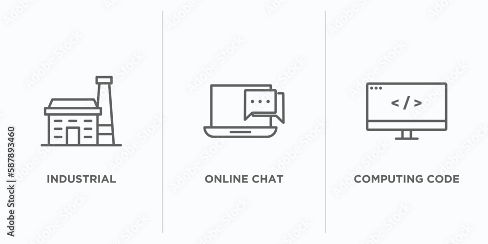 Poster computer outline icons set. thin line icons such as industrial, online chat, computing code vector. 