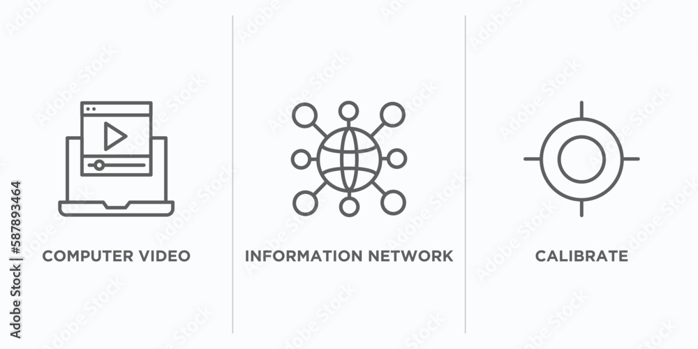 Poster computer outline icons set. thin line icons such as computer video, information network, calibrate v