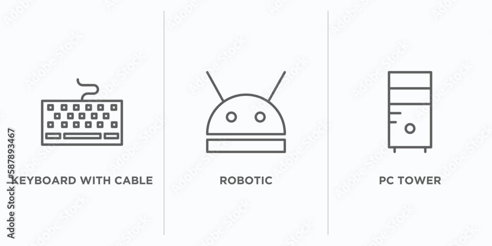 Poster computer outline icons set. thin line icons such as keyboard with cable, robotic, pc tower vector. l