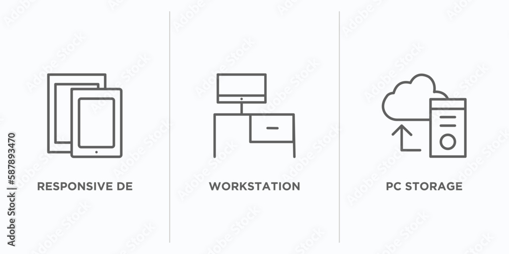 Poster computer outline icons set. thin line icons such as responsive de, workstation, pc storage vector. l