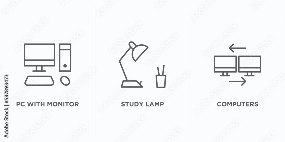 Poster computer outline icons set. thin line icons such as pc with monitor, study lamp, computers vector. l