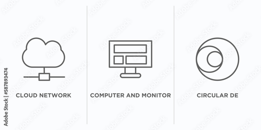 Poster computer outline icons set. thin line icons such as cloud network, computer and monitor, circular de