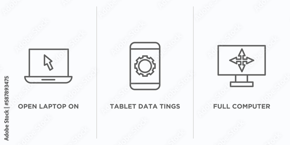 Poster computer outline icons set. thin line icons such as open laptop on, tablet data tings, full computer