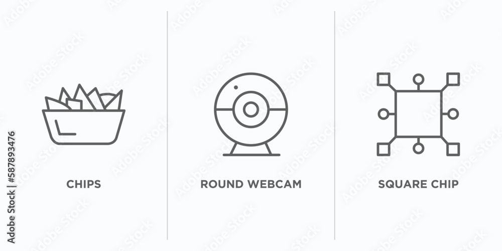 Poster computer outline icons set. thin line icons such as chips, round webcam, square chip vector. linear 