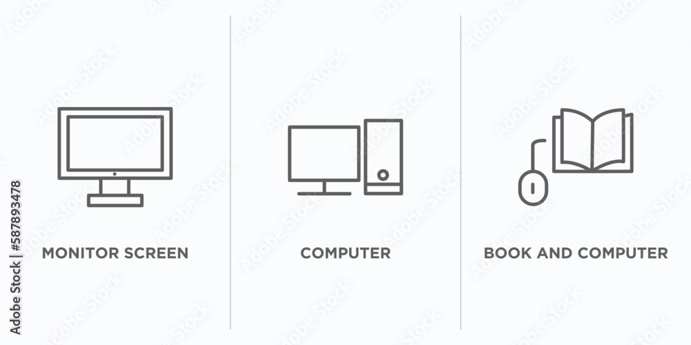 Poster computer outline icons set. thin line icons such as monitor screen, computer, book and computer mous
