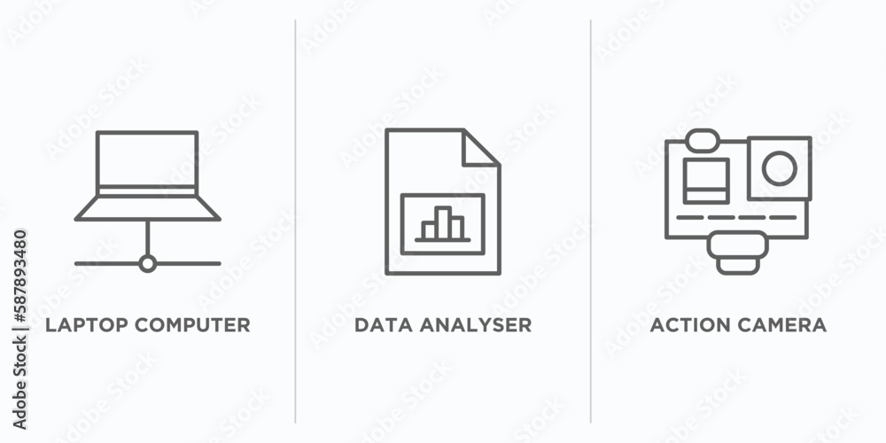 Poster computer outline icons set. thin line icons such as laptop computer screen, data analyser, action ca