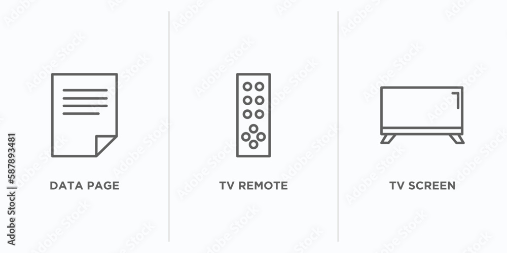 Poster computer outline icons set. thin line icons such as data page, tv remote, tv screen vector. linear i