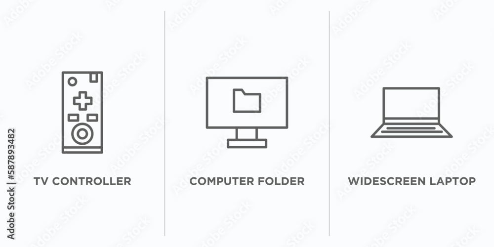 Poster computer outline icons set. thin line icons such as tv controller, computer folder, widescreen lapto