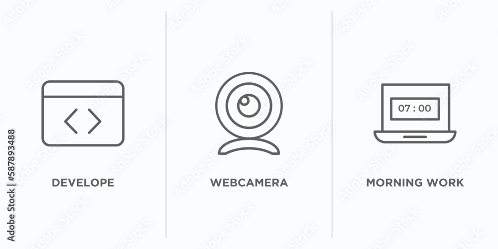 Poster computer outline icons set. thin line icons such as develope, webcamera, morning work vector. linear