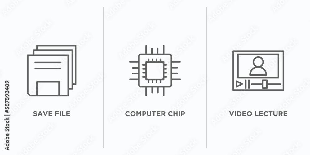 Poster computer outline icons set. thin line icons such as save file, computer chip, video lecture vector. 
