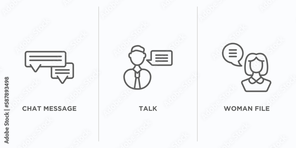 Poster communications outline icons set. thin line icons such as chat message, talk, woman file vector. lin