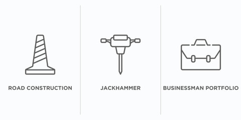 construction tools outline icons set. thin line icons such as road construction, jackhammer, businessman portfolio vector. linear icon sheet can be used web and mobile