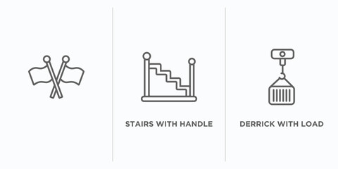construction outline icons set. thin line icons such as , stairs with handle, derrick with load vector. linear icon sheet can be used web and mobile