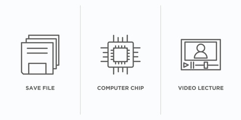 computer outline icons set. thin line icons such as save file, computer chip, video lecture vector. linear icon sheet can be used web and mobile