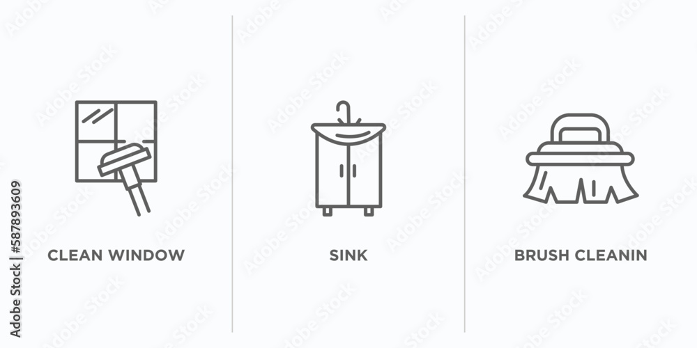 Poster cleaning outline icons set. thin line icons such as clean window, sink, brush cleanin vector. linear