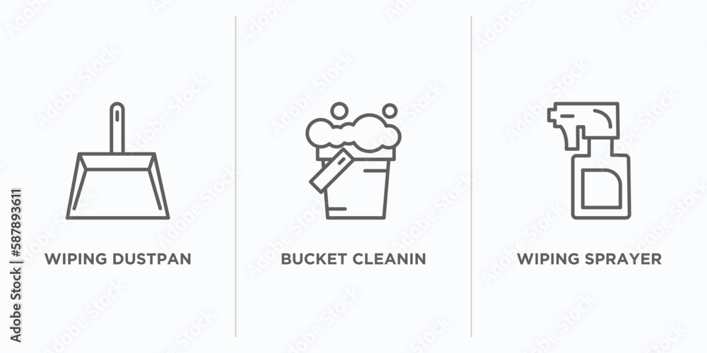 Poster cleaning outline icons set. thin line icons such as wiping dustpan, bucket cleanin, wiping sprayer v