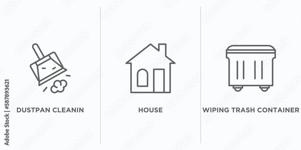 Poster cleaning outline icons set. thin line icons such as dustpan cleanin, house, wiping trash container v