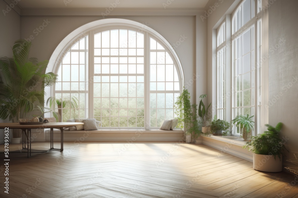 Poster spacious room with a large window and table. generative ai