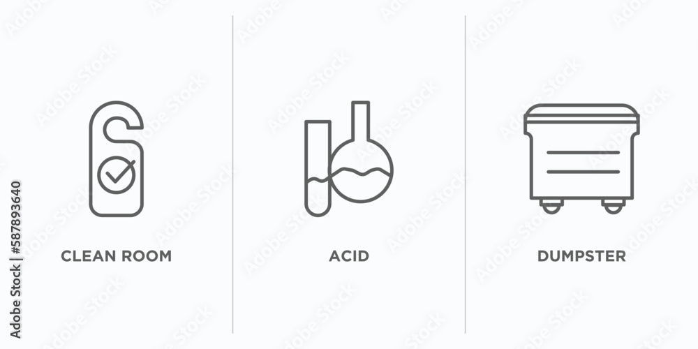 Poster cleaning outline icons set. thin line icons such as clean room, acid, dumpster vector. linear icon s